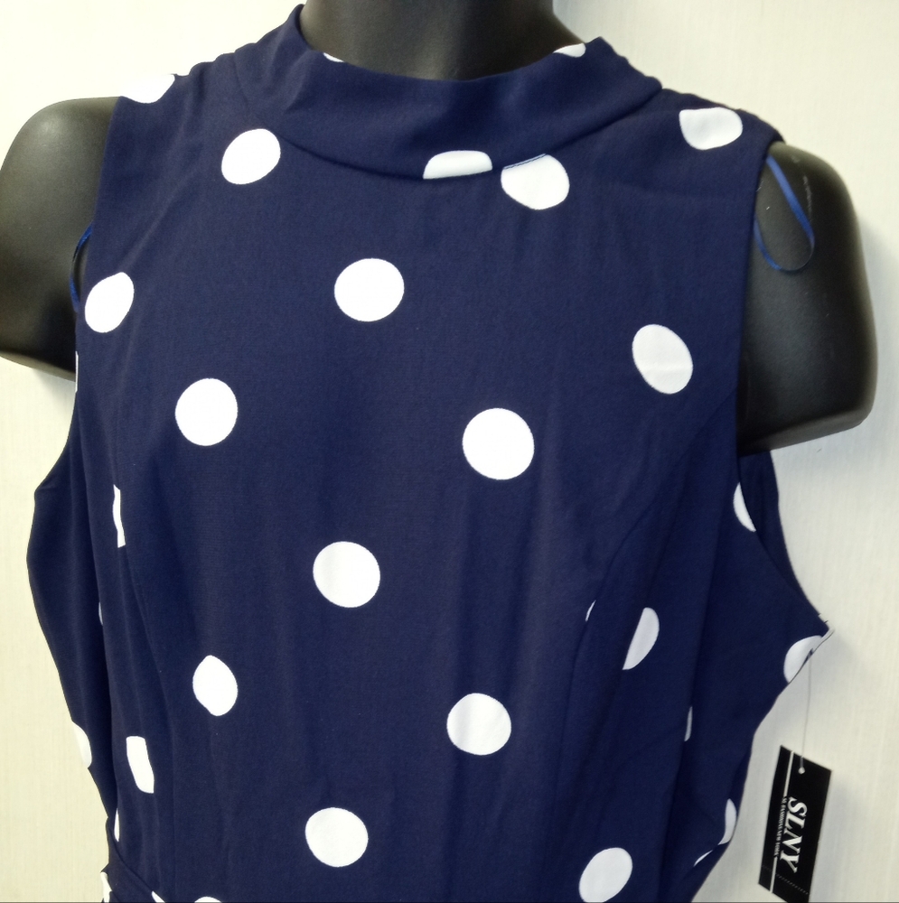 SLYN Navy and White Polka Dot Sleeveles Midi Dress 16P -NWT - Picture 9 of 11